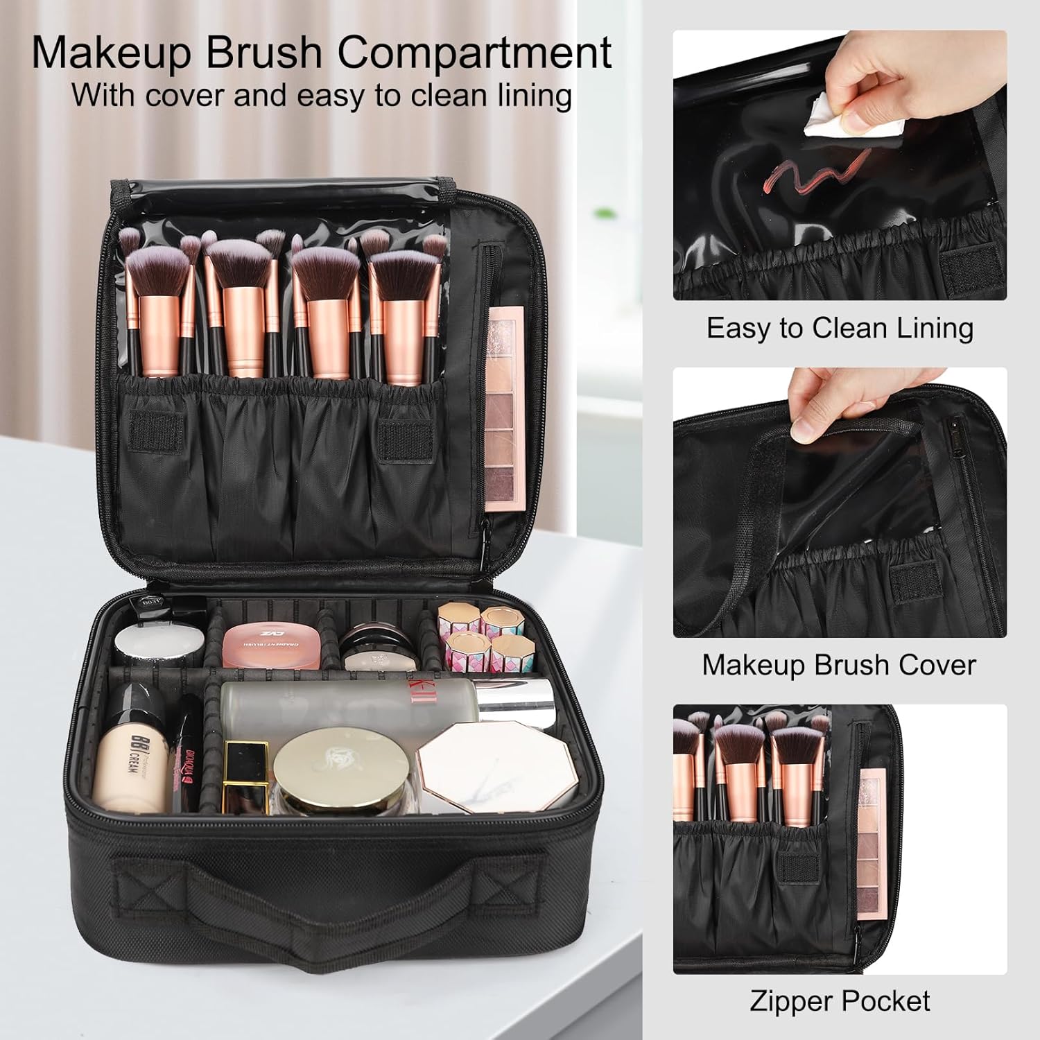 Relavel Travel Makeup Train Case Makeup Cosmetic Case Organizer Portable Artist Storage Bag with Adjustable Dividers for Cosmetics Makeup Brushes Toiletry Jewelry Digital Accessories Black - Image 3
