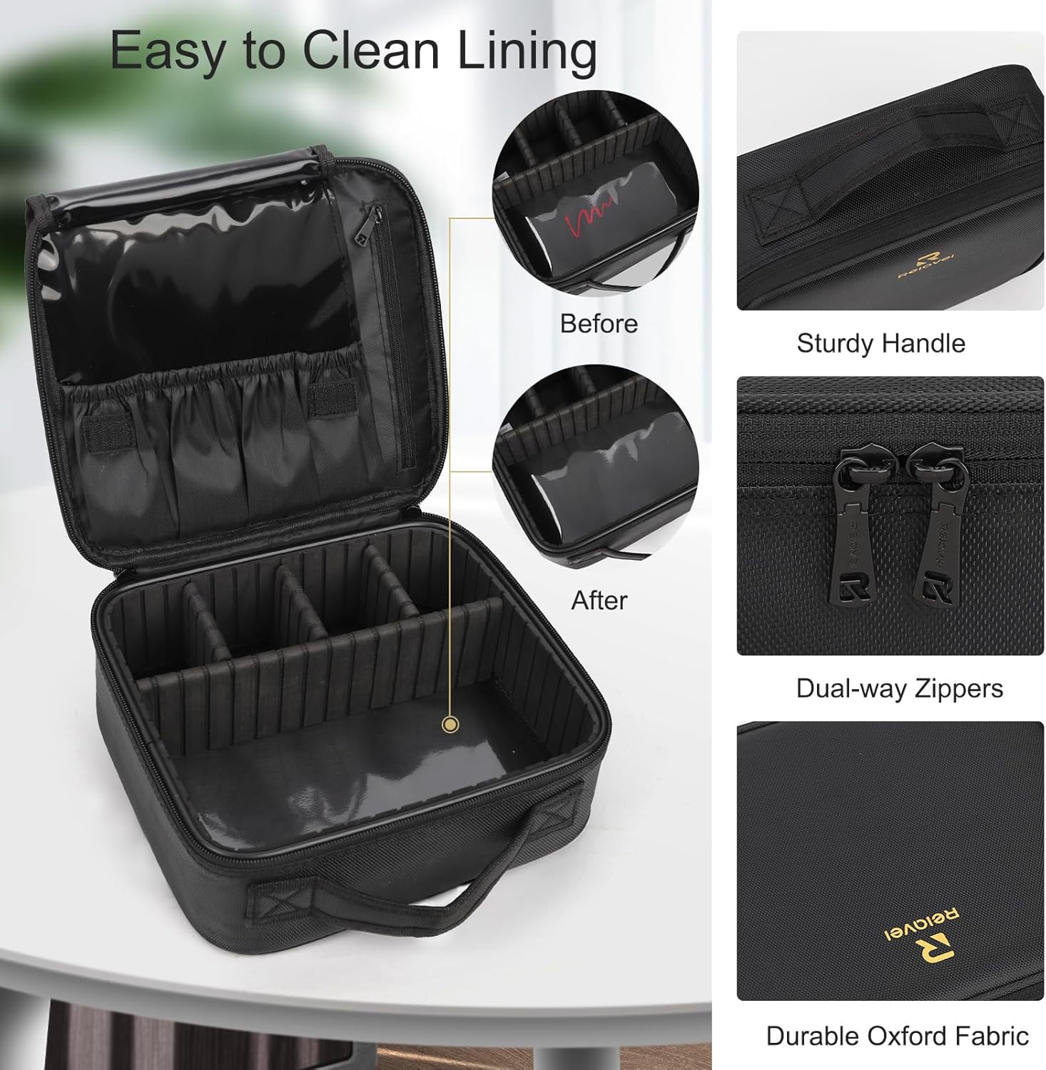 Relavel Travel Makeup Train Case Makeup Cosmetic Case Organizer Portable Artist Storage Bag with Adjustable Dividers for Cosmetics Makeup Brushes Toiletry Jewelry Digital Accessories Black - Image 4