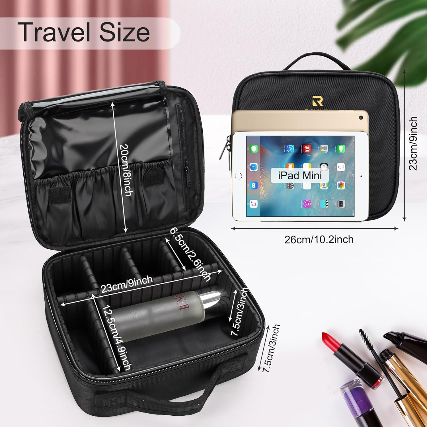 Relavel Travel Makeup Train Case Makeup Cosmetic Case Organizer Portable Artist Storage Bag with Adjustable Dividers for Cosmetics Makeup Brushes Toiletry Jewelry Digital Accessories Black - Image 5