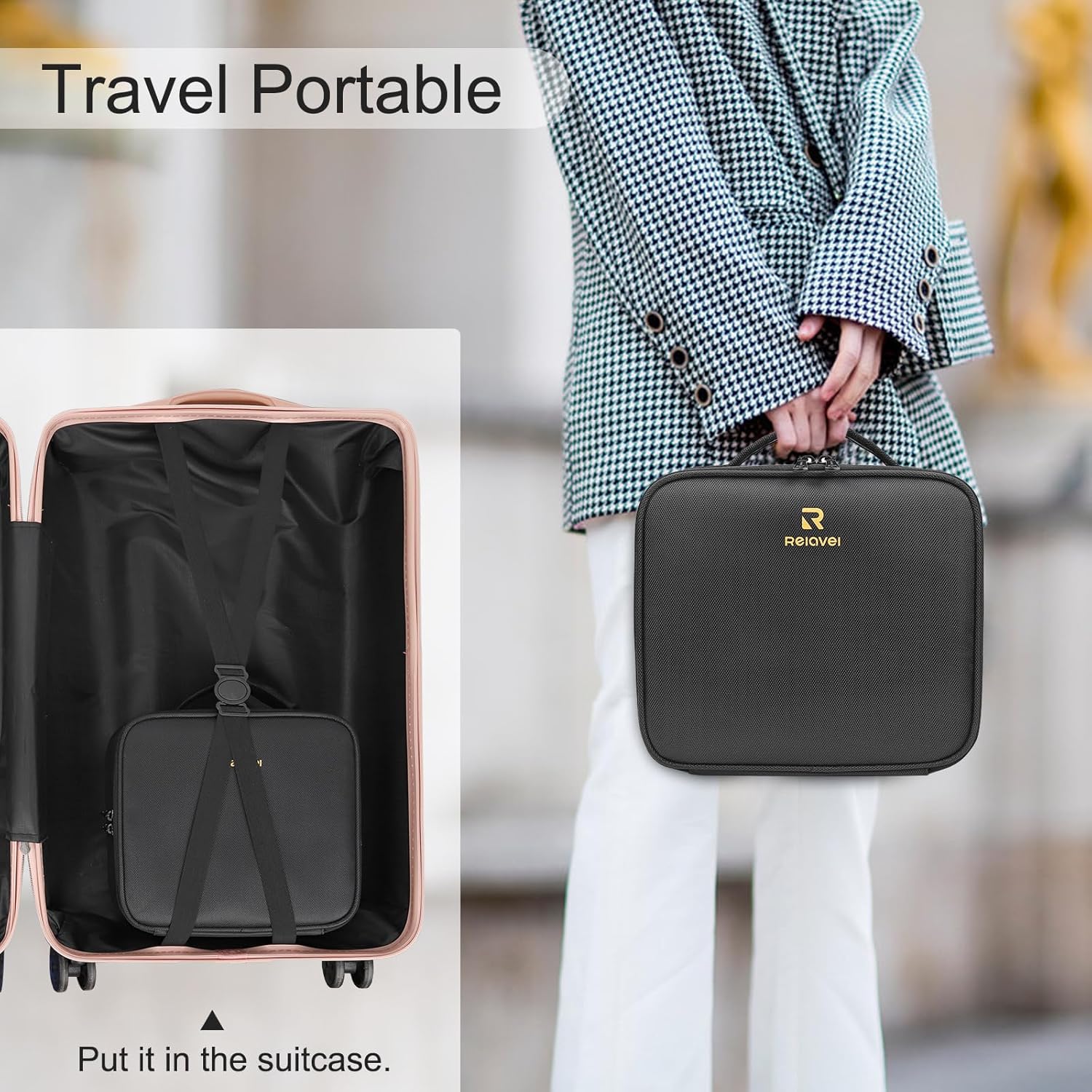 Relavel Travel Makeup Train Case Makeup Cosmetic Case Organizer Portable Artist Storage Bag with Adjustable Dividers for Cosmetics Makeup Brushes Toiletry Jewelry Digital Accessories Black - Image 6