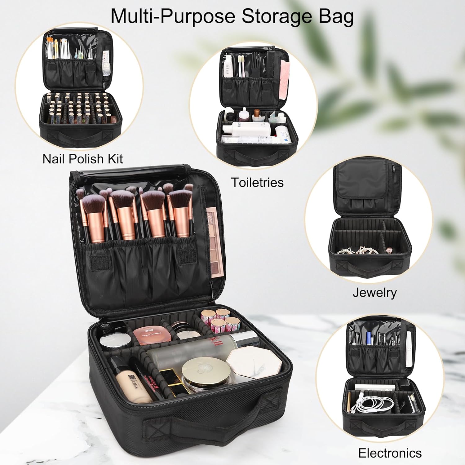 Relavel Travel Makeup Train Case Makeup Cosmetic Case Organizer Portable Artist Storage Bag with Adjustable Dividers for Cosmetics Makeup Brushes Toiletry Jewelry Digital Accessories Black - Image 7