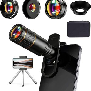 Updated COSULAN 4-in-1 Phone Camera Lens Kit, Come with 22X Telephoto Lens, 205° Fisheye Lens, 4K 0.67X Wide Angle Lens, 25X Macro Lens, Clip, and Phone Mini Tripod for iPhone and Android Phone Series