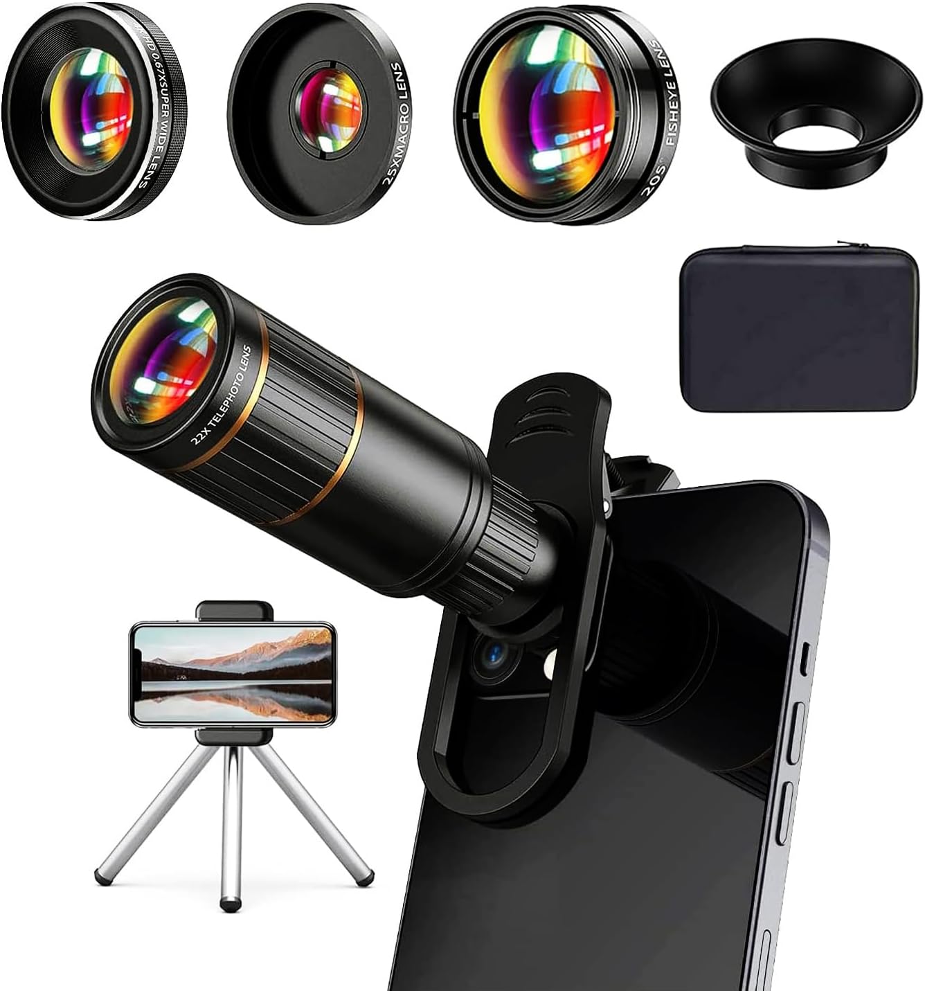 Updated COSULAN 4-in-1 Phone Camera Lens Kit, Come with 22X Telephoto Lens, 205° Fisheye Lens, 4K 0.67X Wide Angle Lens, 25X Macro Lens, Clip, and Phone Mini Tripod for iPhone and Android Phone Series