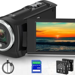 Video Camera Camcorder, QHD 2.7K Camcorder 50MP 16X Digital Video Camera for YouTube, 2.8'' 270 Degree Rotation Screen Video Recorder Vlogging Camera with 32GB Card and Two Batteries